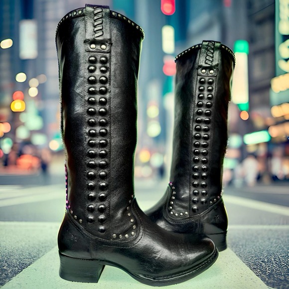 FRYE Vintage Studded Tall Knee High Black Leather Biker Moto Riding Boots 7 7.5 - Picture 2 of 7